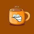 Vector cartoon coffee cup character with smiling faces isolated on brown background. Funky Kawaii orange coffee mug Royalty Free Stock Photo