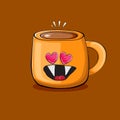 Vector cartoon coffee cup character with smiling faces isolated on brown background. Funky Kawaii orange coffee mug Royalty Free Stock Photo