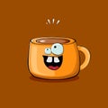 Vector cartoon coffee cup character with smiling faces isolated on brown background. Funky Kawaii orange coffee mug Royalty Free Stock Photo