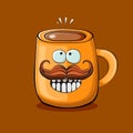 Vector cartoon coffee cup character with smiling faces isolated on brown background. Funky Kawaii orange coffee mug Royalty Free Stock Photo