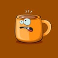 Vector cartoon coffee cup character with smiling faces isolated on brown background. Funky Kawaii orange coffee mug Royalty Free Stock Photo