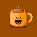 Vector cartoon coffee cup character with smiling faces isolated on brown background. Funky Kawaii orange coffee mug Royalty Free Stock Photo