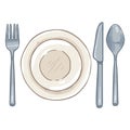 Vector Cartoon Color Dining Set - Steel Fork, Knife, Spoon and Porcelain Plates