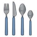 Vector Cartoon Color Set of Cutlery with Blue Plastic Handles. Knife, Fork, Spoon, Tea-spoon Royalty Free Stock Photo