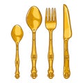 Vector Cartoon Color Set of Golden Cutlery. Knife, Fork, Spoon, Tea-spoon Royalty Free Stock Photo