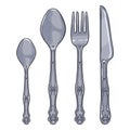 Vector Cartoon Color Set of Vintage Silver Cutlery. Knife, Fork, Spoon, Tea-spoon Royalty Free Stock Photo