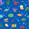 Vector cartoon underwater creatures and seaweed pattern or background illustration