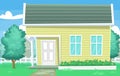 Vector cartoon common house scene with grass yard tree wooden wall and neighbor