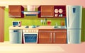 Vector cartoon set of kitchen counter with appliances. Cupboard, furniture. Household objects, cooking room interior. Royalty Free Stock Photo