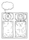 Vector Cartoon of Couple Lying in Bed, Woman is Sleeping, Man is Thinking About Problem or Suffering Insomnia