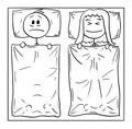 Vector Cartoon of Couple Lying in Bed, Woman is Sleeping, Man is Thinking About Problem or Suffering Insomnia