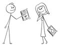 Vector Cartoon of Couple of Man and Woman on Date, Man si Giving Her Flower on Tablet or Mobile Phone