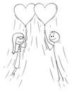 Vector Cartoon of Couple of Man and Woman in Love Holding Rope of Big Flying Heart Balloon