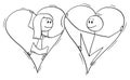 Vector Cartoon of Couple of Man and Woman in Love Trapped Together Inside of Big Hearts Royalty Free Stock Photo