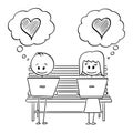 Vector Cartoon of Couple of Man and Woman Sitting on Park Bench, Using Computers and Both Looking for Love on Social Royalty Free Stock Photo