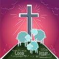 Vector cartoon Cross and sheeps - greeting card - Good friday