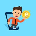 Vector cartoon cryptocurrency concept happy businessman with smartphone and money