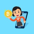Vector cartoon cryptocurrency concept happy businesswoman with smartphone and money