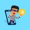 Vector cartoon cryptocurrency concept thief with smartphone and money