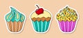 Vector cartoon cupcake stickers set. Three isolated sweet desserts with cherry, sprinkles and cream
