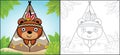 Vector cartoon of cute bear with feather headdress in tribe tent. Coloring book or page