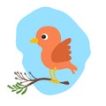 Vector cartoon cute bird illustration wit banch of tree. Baby bird, cartooning style. Red cute bird illustration