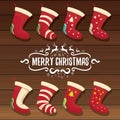 Vector cartoon cute christmas stocking or socks with color ornament. Merry Christmas vector greeting card