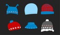 Vector cartoon cute collection set of winter warm knitter hats of red and blue colors