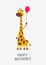 Vector Cartoon Cute Funny Giraffe, Baby Greeting Card. Happy Birhday. Full Length Giraffe with Ball, Design Template for