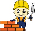 Vector cartoon cute kid bricklayer masonry worker with helmet and trowel putty knife