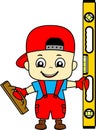 Vector cartoon cute kid plasterer worker with plastering trowel and spirit level