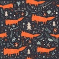 Vector cartoon cute little foxes forest pattern Royalty Free Stock Photo