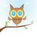 Vector cartoon cute little owl bird on tree branch Royalty Free Stock Photo