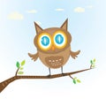 Vector cartoon cute little owl bird on tree branch Royalty Free Stock Photo