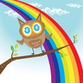 Vector cartoon cute little owl bird on tree branch Royalty Free Stock Photo