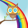 Vector cartoon cute little owl bird on tree branch