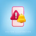 Vector cartoon 3d attention smartphone notification illustration. Cute render of bell and red triangle warning sign with