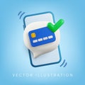 Vector cartoon 3d Confirm Online Payment, two-factor authentication banner. Message speech bubble, credit card, green