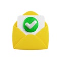 Vector cartoon 3d confirmed message icon. 3d render open yellow envelope, paper sheet with green check mark. Official