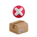 Vector cartoon 3d delivery error symbol, 3d red X cross icon and cardboard box isolated. Wrong checkmark, failed parcel