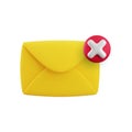 Vector cartoon 3d error message icon. 3d render closed yellow envelope with red x cross sign. Warning email sign