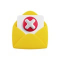 Vector cartoon 3d error message icon. 3d render open envelope with sheet and red x cross sign. Warning email sign