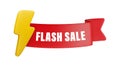 Vector cartoon 3d Flash sale badge concept. Realistic 3d render red folded ribbon with text flash sale and lightning