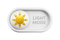 Vector cartoon 3d light theme on switch button. Cute realistic 3d white Day mode toggle switch slider with shiny sun