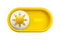 Vector cartoon 3d light theme on switch button. Cute realistic 3d yellow Day mode toggle switch slider with shiny sun