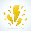 Vector cartoon 3d lightning flash concept. Minimal 3d Render of thunder and bolt with flying confetti, energy power
