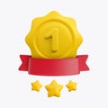 Vector cartoon 3d medal with number one, red ribbon, stars realistic icon. Trendy gold round wavy first place award Royalty Free Stock Photo