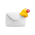 Vector cartoon 3d New message notice icon. Cute realistic 3d render envelope with bell notification sign. Email incoming