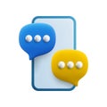 Vector cartoon 3d smartphone with dialog speech bubbles on screen. Cute minimal realistic mobile phone 3d render. Social