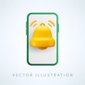 Vector cartoon 3d smartphone notification, alarm concept. Cute realistic render of gold ringing bell on smartphone